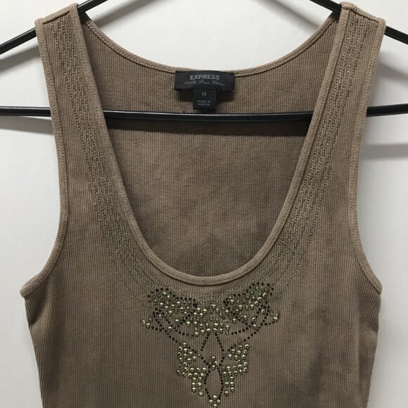 Express Rhinestone Embellished Tan Tie-Dye Ribbed Tank Top - Picture 3 of 10